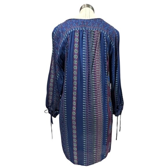 ROXY Mini Dress Sz M Navy Geo Stripe Print Peasant 3/4 Sleeve VNeck Button Up - Picture 3 of 11